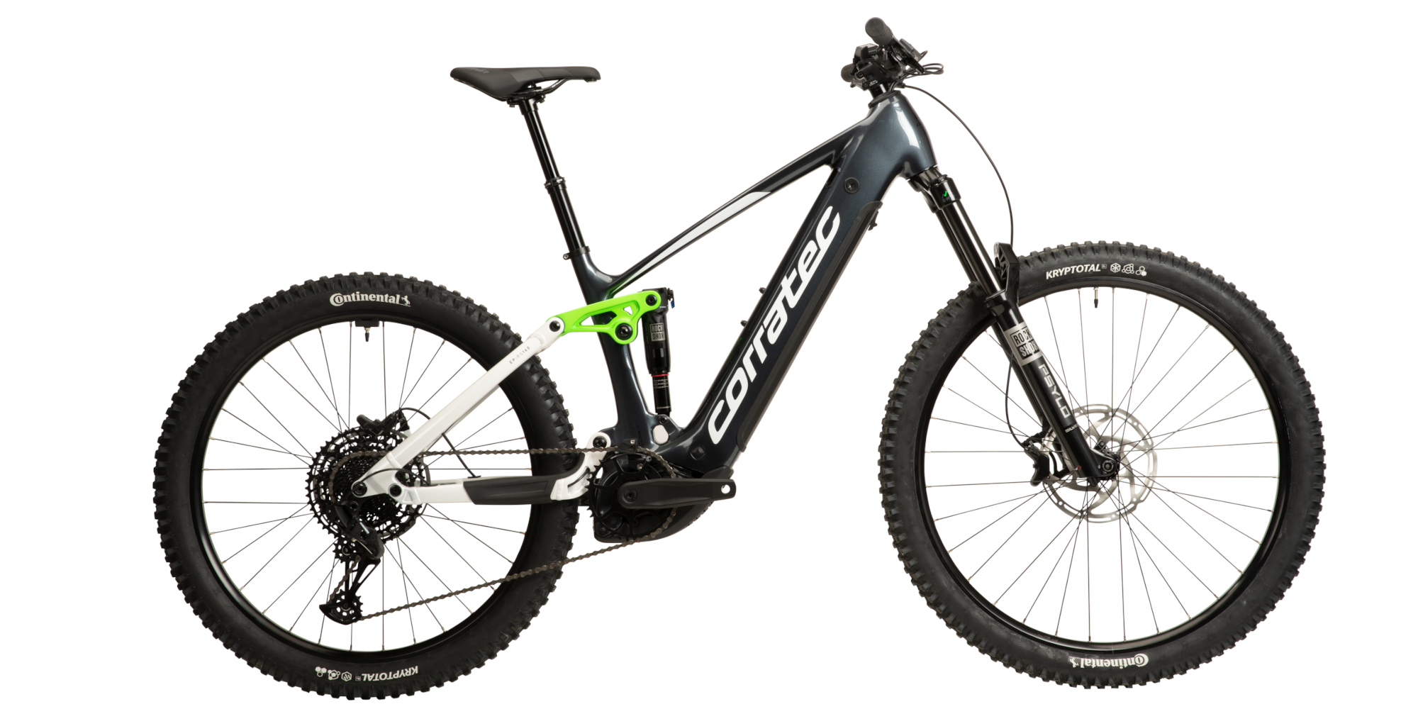 Ein schwarzes E-Mountainbike mit grünen Akzenten und breiten Reifen.