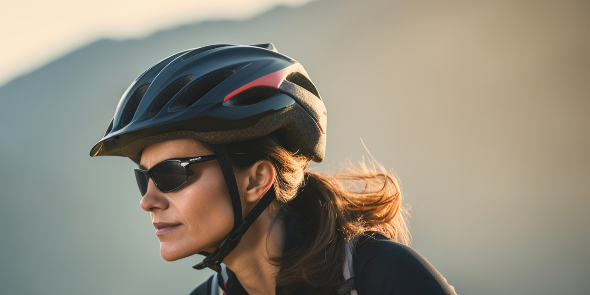 Frau mit Fahrradhelm, im Hintergrund sanfte Berglandschaft und warmes Licht.