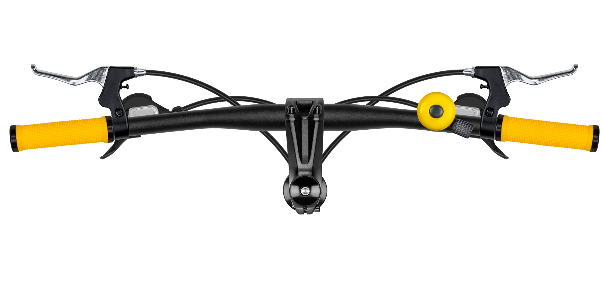 Schwarz-gelber Fahrradlenker mit Bremshebeln und Glocke.