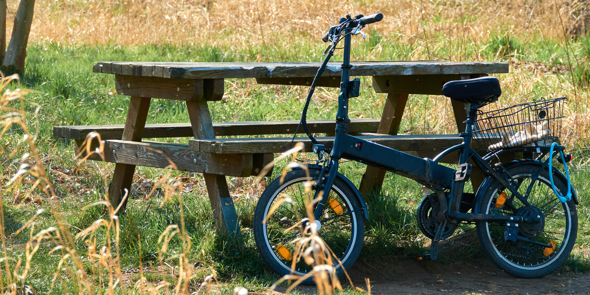Klapp- bzw. Falt-E-Bike schwarzes Klapp- bzw. Falt-E-Bike an einem Picknicktisch im Grünen