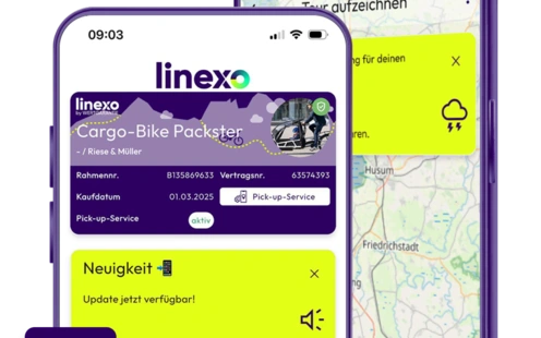 Zwei Smartphones zeigen die Linexo-App mit Karten und Paketzustelldiensten.