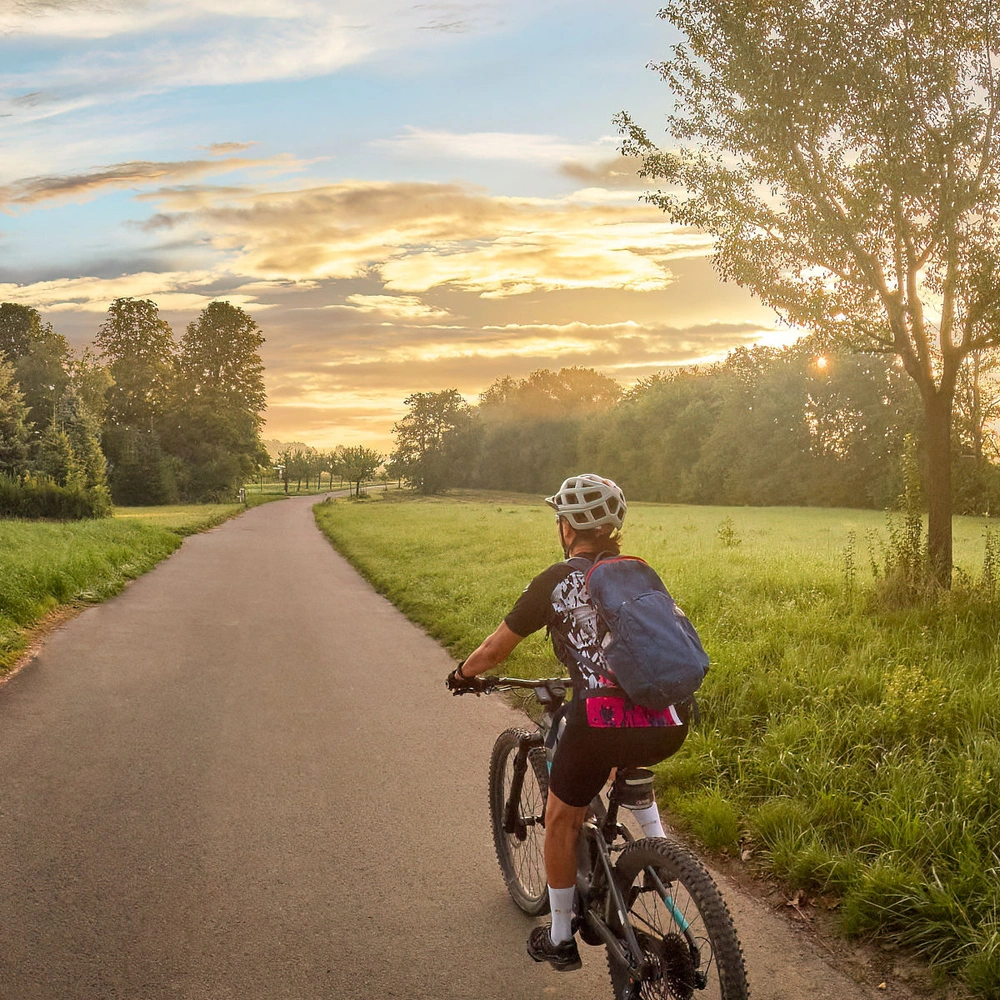 Entdecke die schönsten Radwege in Baden Württemberg Frau fährt mit einem E-Bike auf einem Radweg durch die Natur in Baden-Württemberg