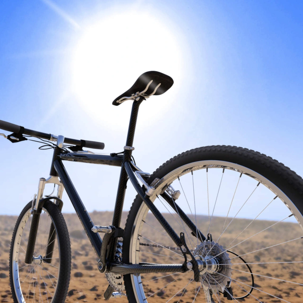 Carbon MTB - was du über die Bikes wissen musst. Schwarzes Carbonbike vor einem sonnigen, klaren Himmel in einer auf einem Feld