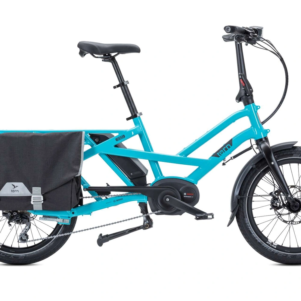 Das Lastenrad GSD von Tern Türkises Longtail-Lastenrad der Firma Tern