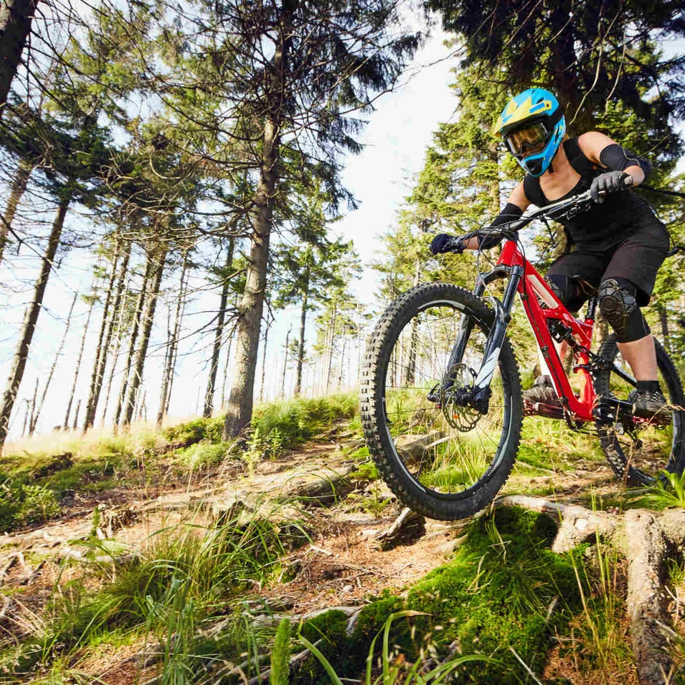 So pflegst du dein Downhill-Bike richtig. Mann fährt Waldstrecke mit Mountainbike herunter.