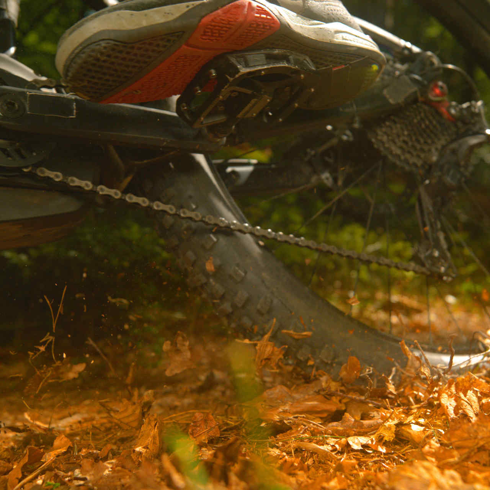 E-Bikes mit ABS sind sicherer unterwegs E-Mountainbike fährt auf nassem Waldboden eine Kurve