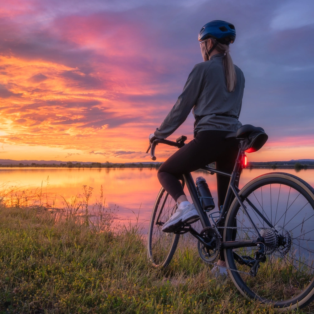 Frau auf dem Fahrrad am Wasser während eines bunten Sonnenuntergangs.
