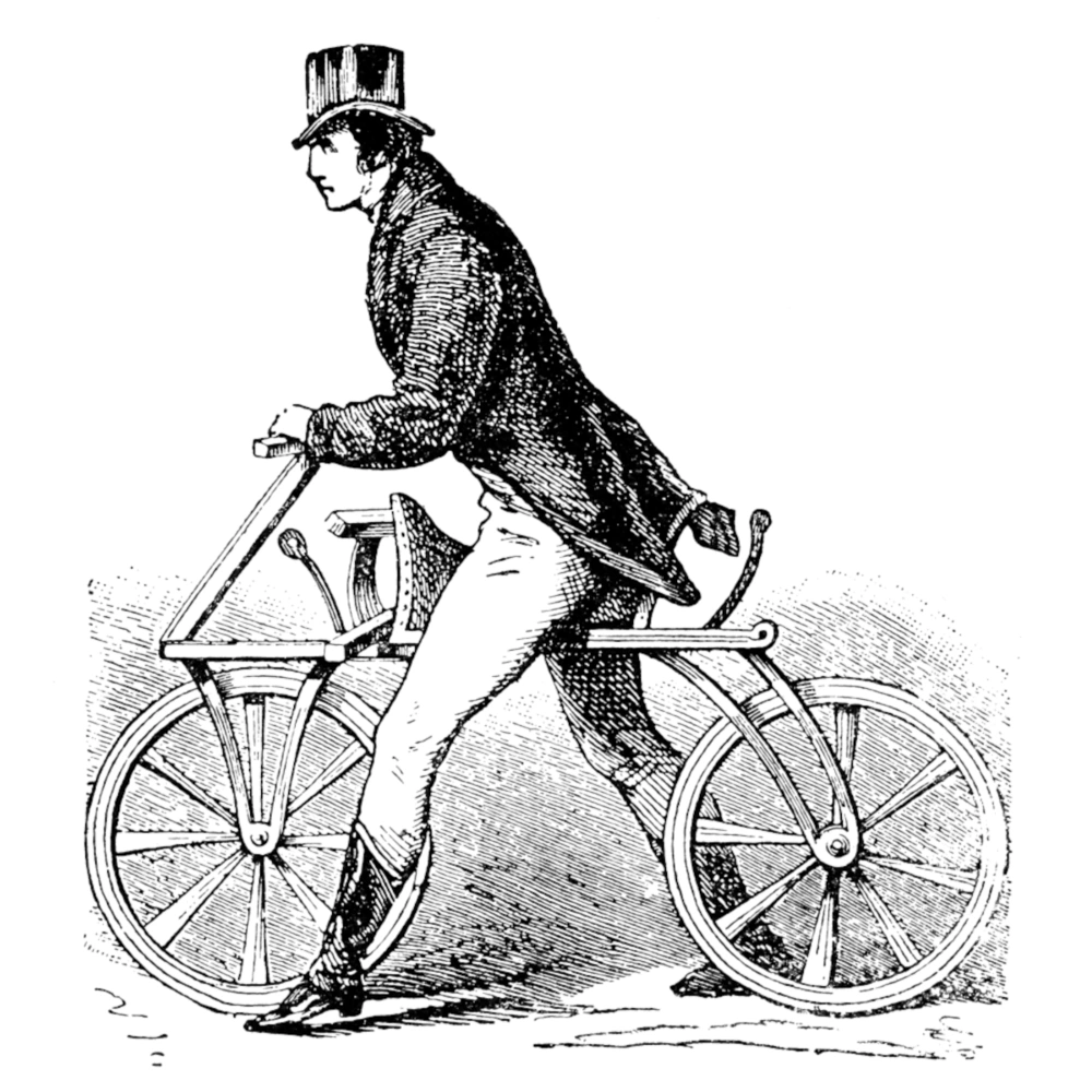 Ein Mann in einem Zylinder fährt ein frühes Hochrad-Fahrrad.