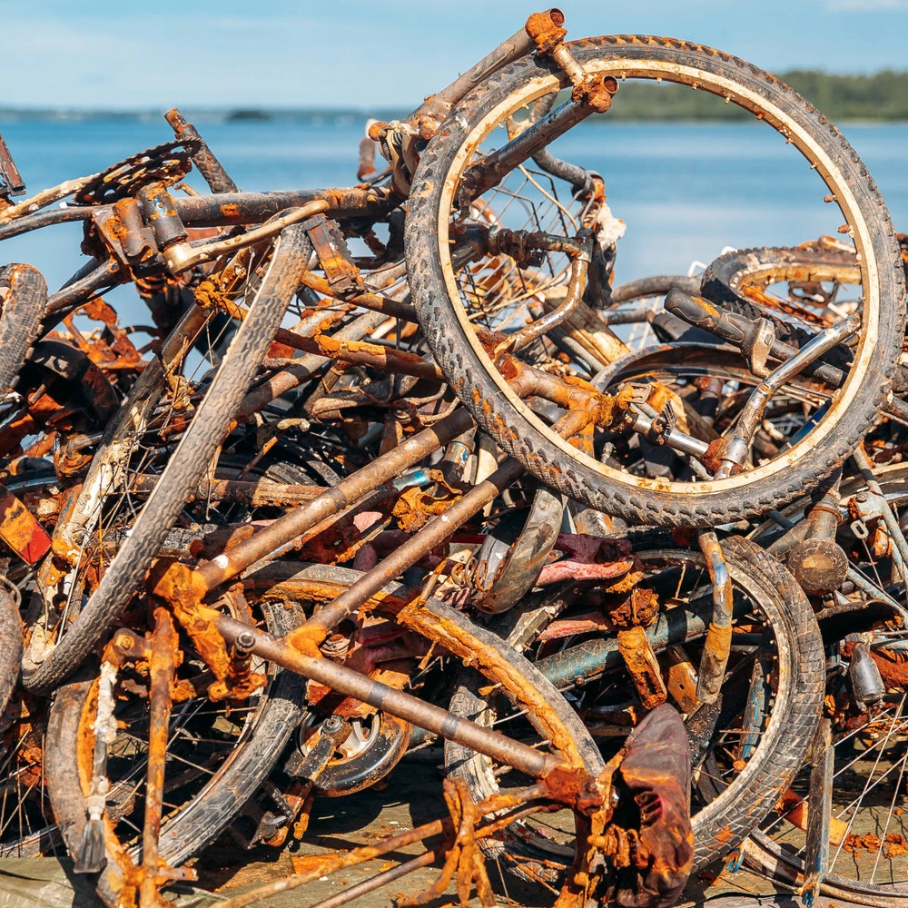 Ein Haufen rostiger Fahrradrahmen und Räder am Ufer eines Gewässers.