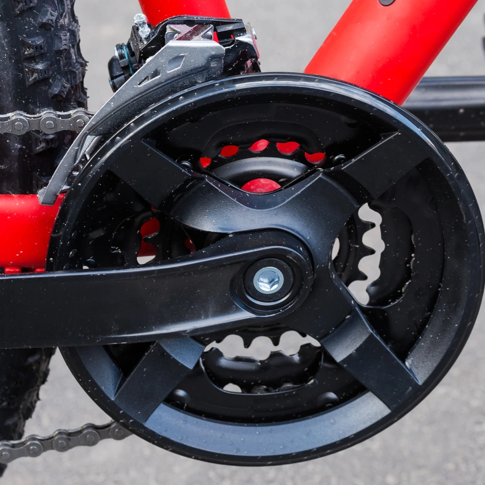 Fahrrad Tretlager wechseln: Ausbau & Tausch des Innenlagers Details des schwarzen Kettenblatts an einem roten Fahrradrahmen.