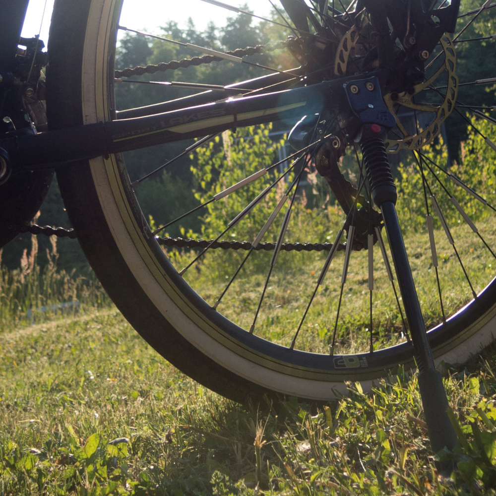 Fahrradständer-Test – linexo zeigt dir die Testsieger Nahaufnahme von einem Fahrradständer an einem abgestellten Fahrrad im Sonnenlicht