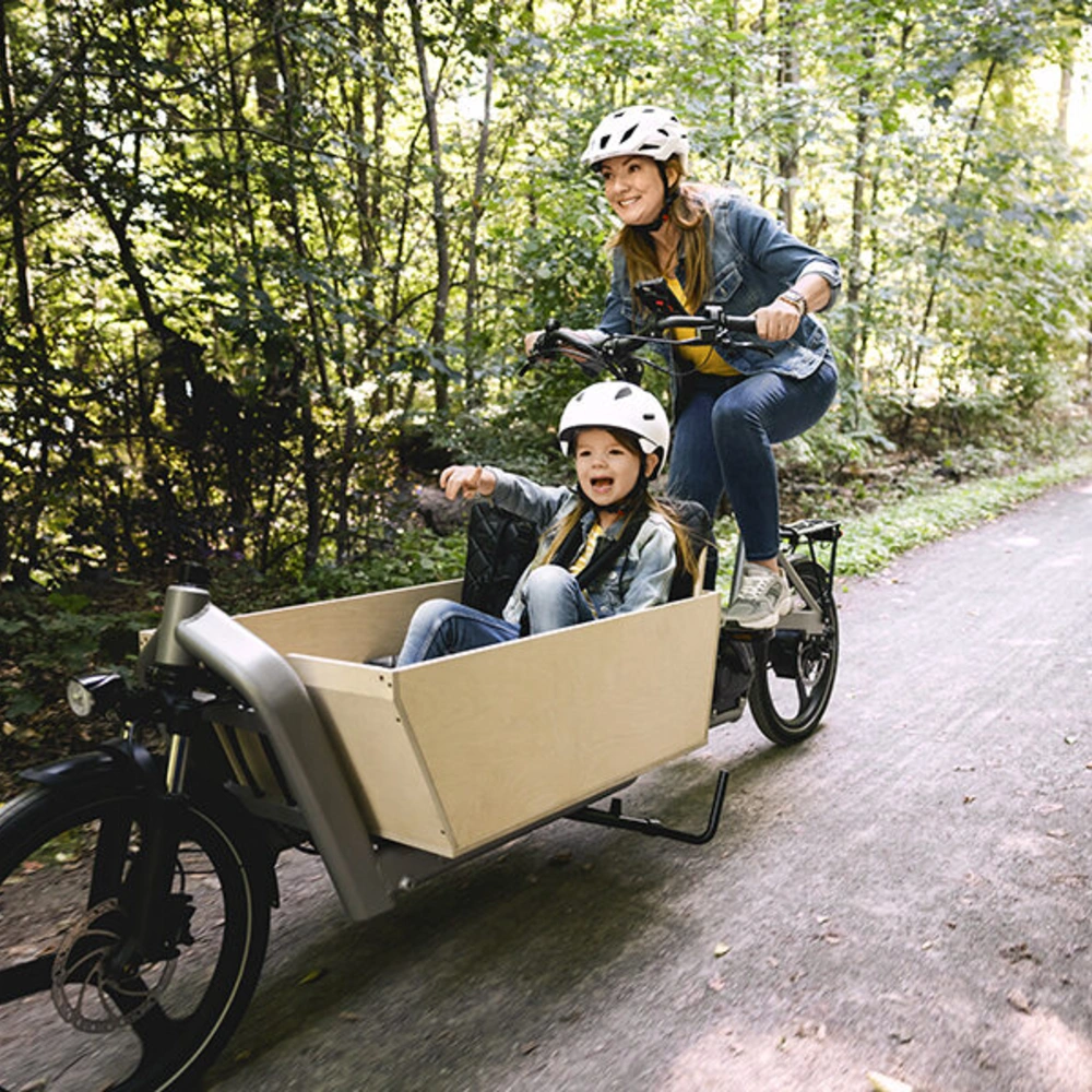 Frau fährt mit Kind und Helm auf Lastenrad durch den Wald