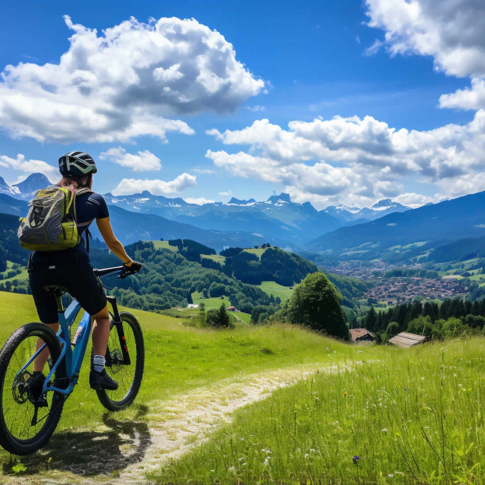 mit einem neuen E-MTB durch die Berge Frau auf E-Mountainbike fährt durch die Berge