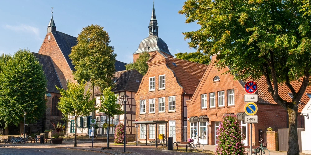 Hübsche Fachwerkhäuser und Bäume unter blauem Himmel in einer ruhigen Stadtansicht.