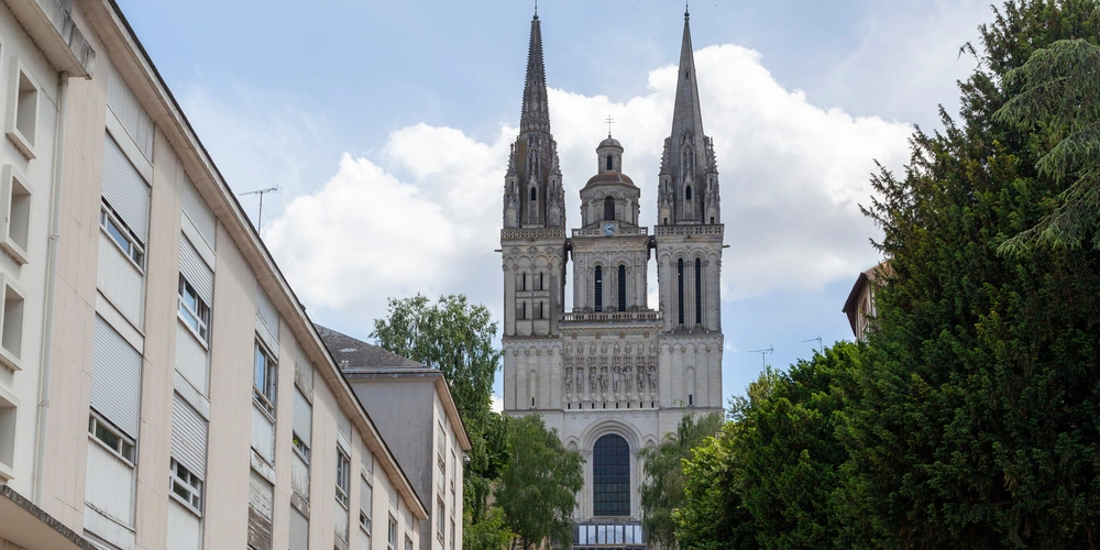 Zwei hohe Türme einer Kirche über einem Stadtbild mit Bäumen und Gebäuden.