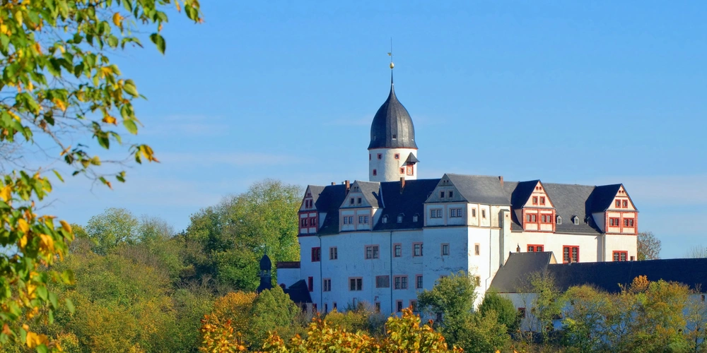 Weißes Schloss mit Turm, umgeben von grünen Bäumen und klarem blauen Himmel.