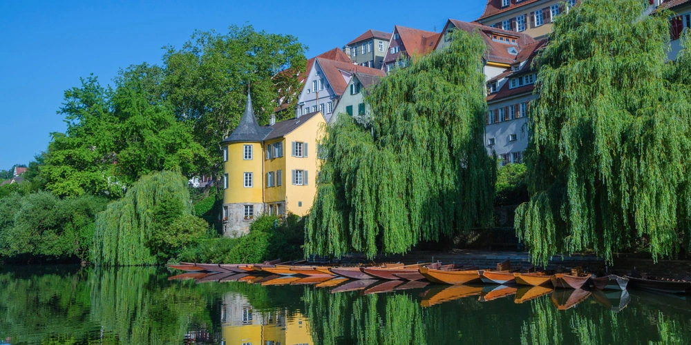 Hölderlinturm am Ufer mit Weiden, Spiegelung im ruhigen Wasser.