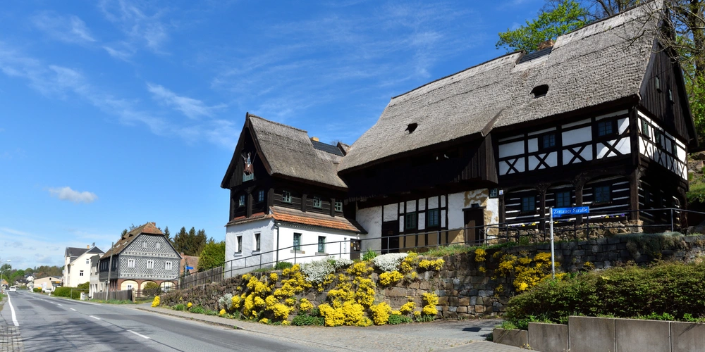 Historische Fachwerkhäuser entlang einer Straße, umgeben von gelben Blumen und blauem Himmel.