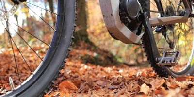 E-Mountainbike fährt auf nassem Waldboden