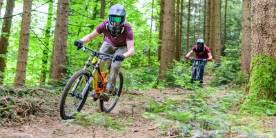 Diese Downhill-Biking-Tipps sollten Sie beachten. Zwei Personen fahren mit Mountainbike durch den Wald.
