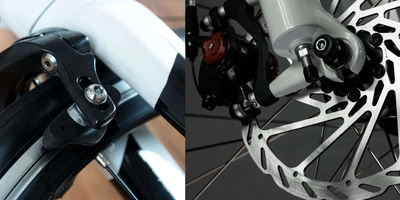 Links Felgenbremse und rechts Scheibenbremse Links Felgenbremse und rechts Scheibenbremse