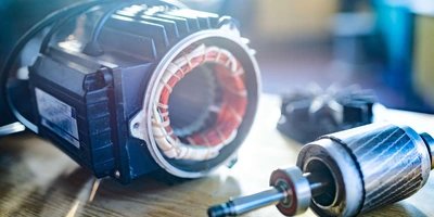 Ein auseinander gebauter Motor liegt auf einem Tisch.