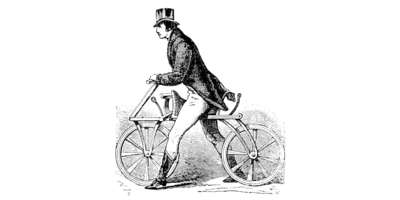 Karl von Drais auf seiner Laufmaschine Ein Mann in einem Zylinder fährt ein frühes Hochrad-Fahrrad.