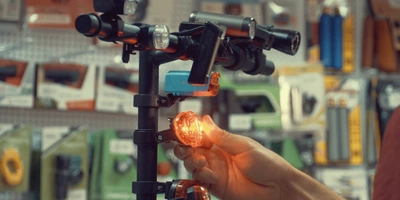 Eine Hand greift in einem Fahrradladen nach verschiedenen Fahrradlichtern auf einem Aufsteller