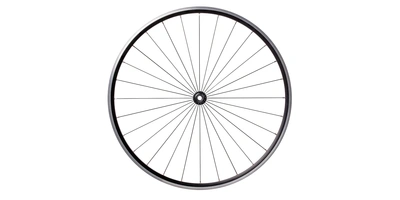 Radiales Einspeichmuster Schwarzes Fahrradrad mit Speichen vor weißem Hintergrund.