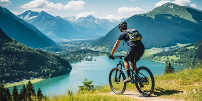 Mann auf Mountainbike fährt durch die Alpen