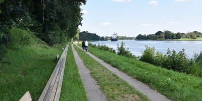 Ein ruhiger Weg entlang eines Flusses, umgeben von Bäumen und Gras.