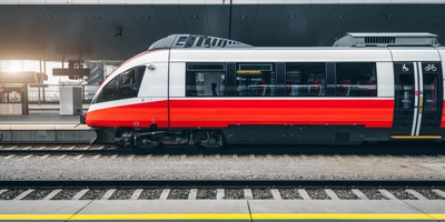 Ein moderner Zug in Rot und Weiß steht am Bahnsteig.