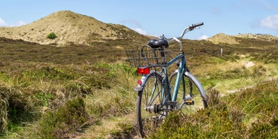 Die schönsten Radwege auf Norderney Ein blaues Fahrrad steht auf einer Wiese mit sanften Hügeln im Hintergrund.