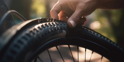 Nahaufnahme eines Fahrradreifens, wo eine Hand den Reifendruck überprüft