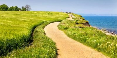 Wanderweg entlang einer grünen Wiese mit Blick auf das blaue Meer.
