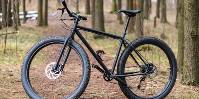 Starrgabel versus Federgabel Ein Fahrrad steht im Wald.