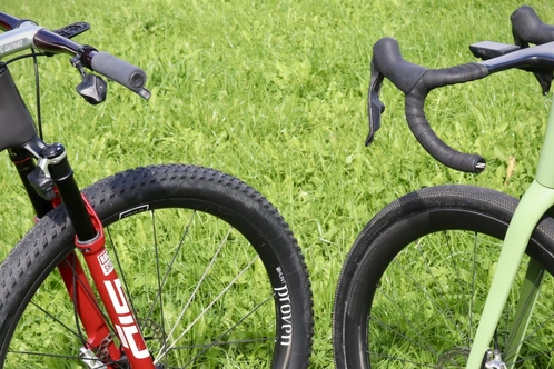 Zwei Fahrräder stehen auf grünem Gras, eines rot und schwarz, das andere grün.